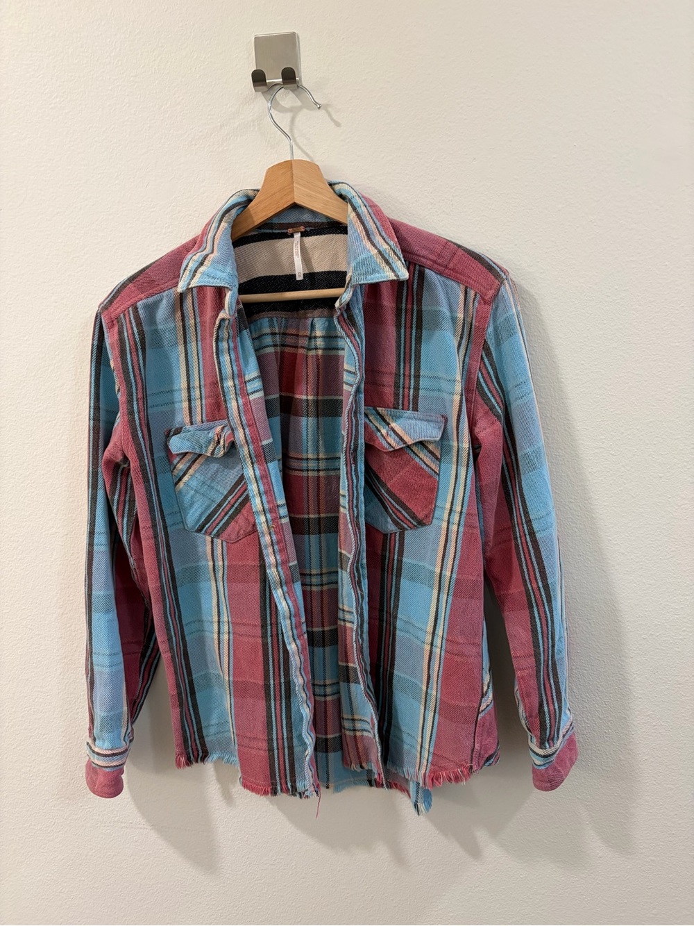 Free People Plaid Button-Down Shirt Jacket in Blue and Pink